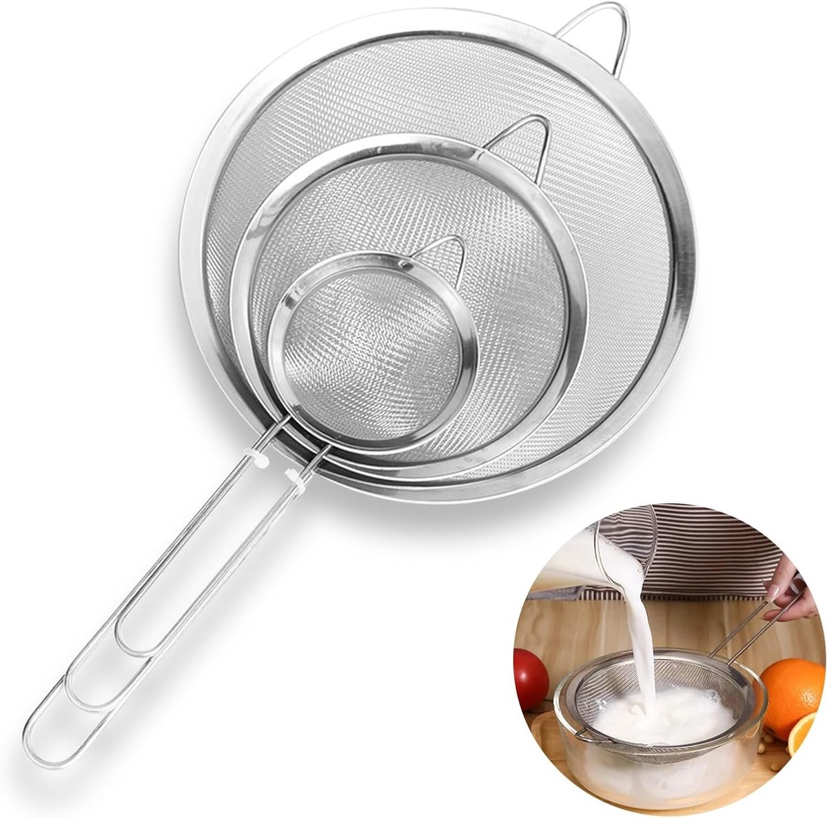 Fijnmazige Keukenzeef - Roestvrij Staal - Set van 3 - Ergonomisch