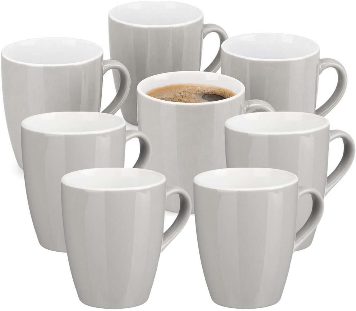 Vessia Design koffie mokken / bekers met oor - 16x stuks - lichtgrijs - keramiek - 410 ml - servies - kopjes