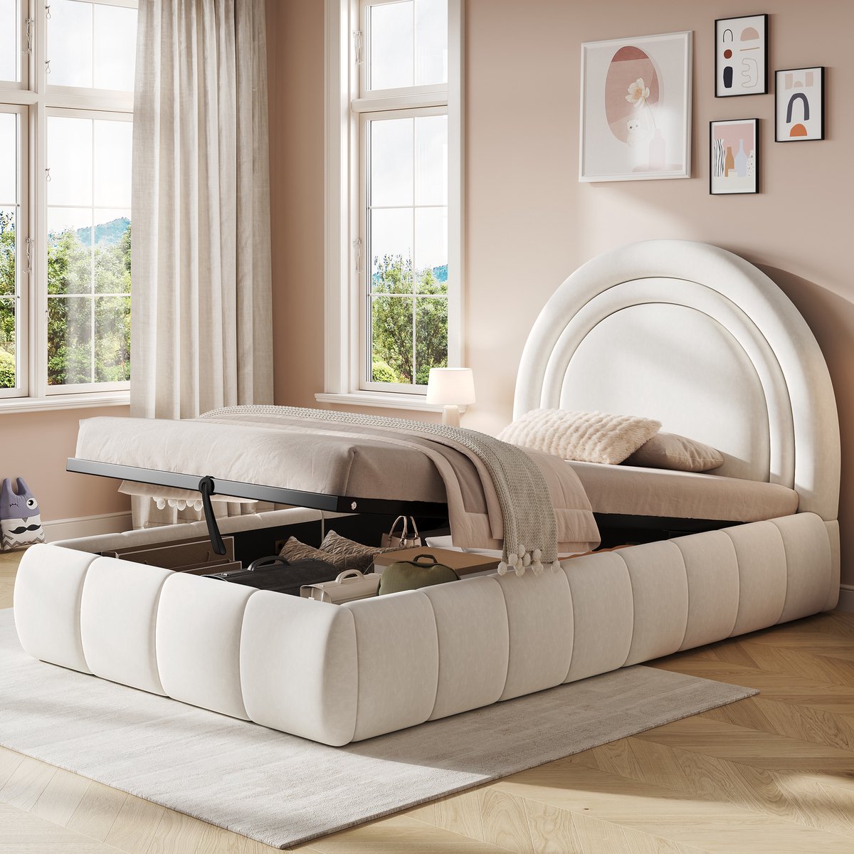 BLACKCOLORS Gestoffeerd bed, eenpersoonsbed, kinderbed 90 x 200 cm, hydraulisch functioneel bed, bed met lattenbodem, hoofdeinde en grote opbergruimte, gestoffeerd hoofdeinde, fluweel, beige
