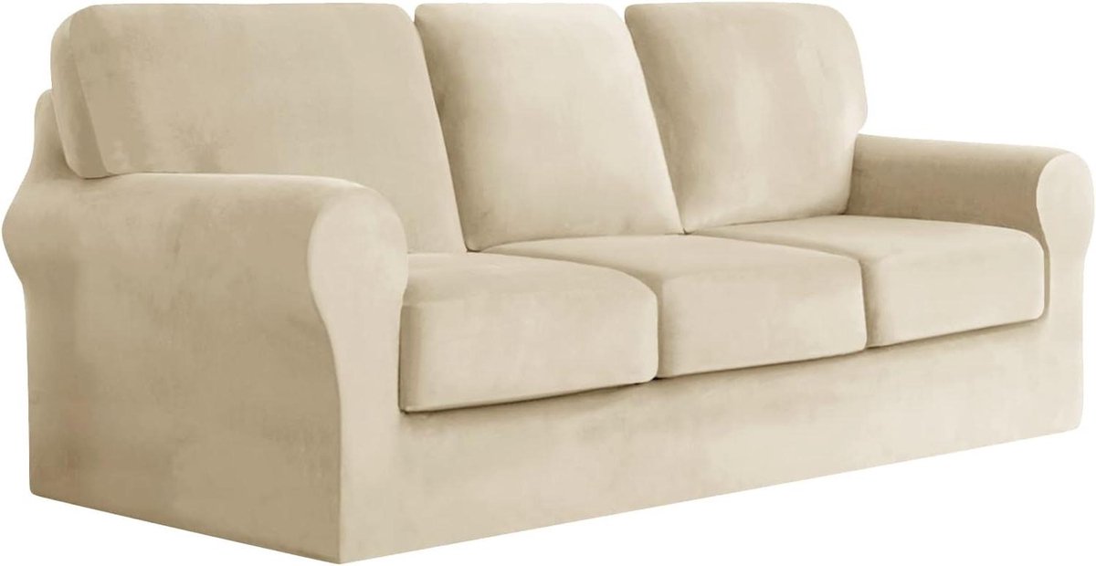 Sofahoes Met Losse Kussens - Bankbeschermer Fluweel - Meubels Beschermen - Split Sectioneel Ontwerp - 3-Zits Set 7 Delig - Beige