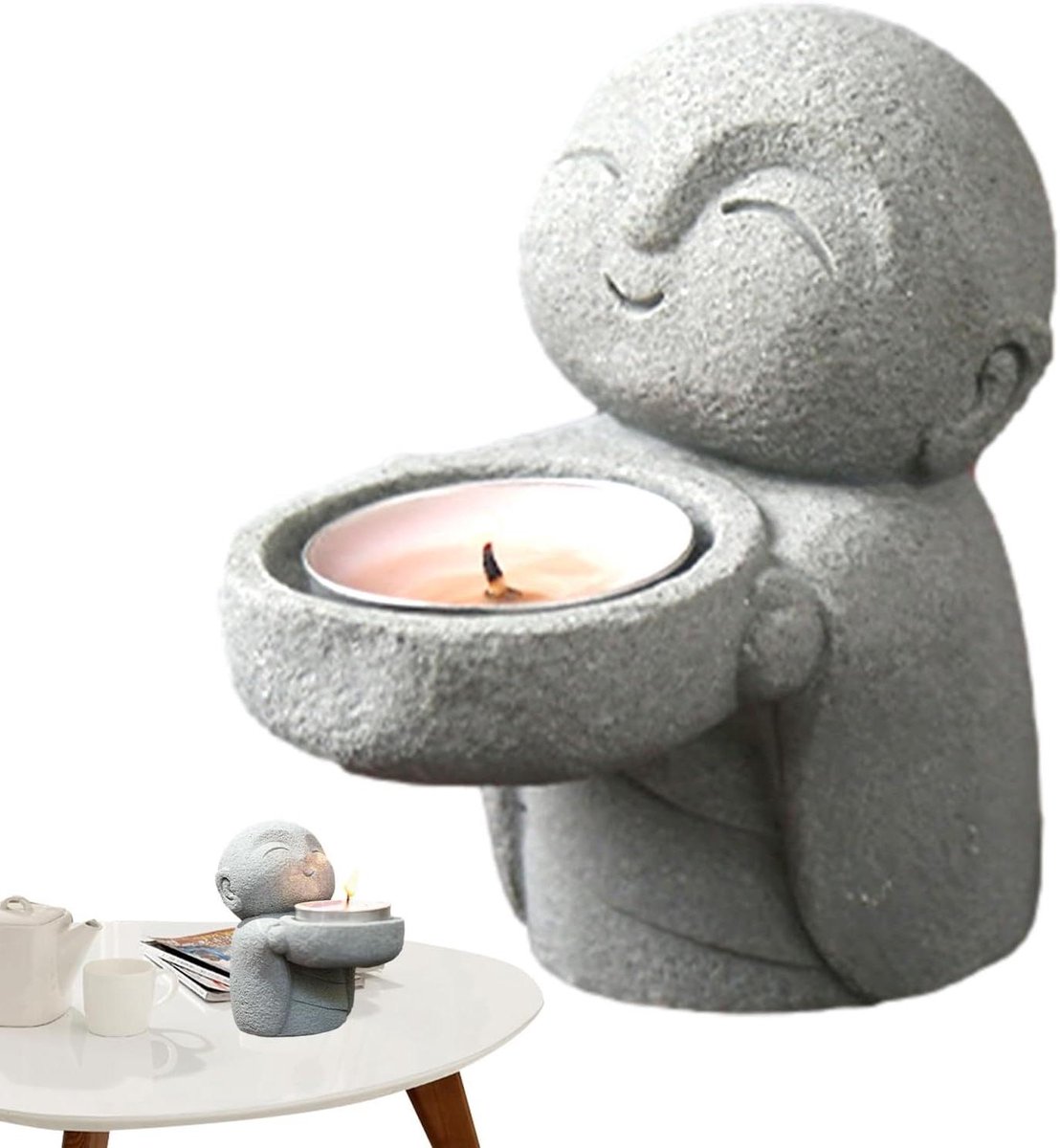 Mini Boeddha Beeldje - Zen Monnik Decoratie - Sfeer Creëren - Theelicht Kandelaar - 9 x 8.8 x 5.5 cm