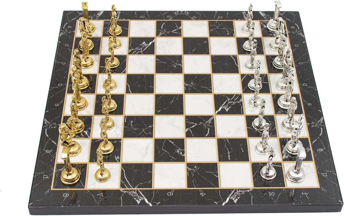 Marmeren Schaakbord Set - Schaakspel Hout Metaal - Strategisch Spel - Handgemaakt Design - 35x35 cm - Zwart