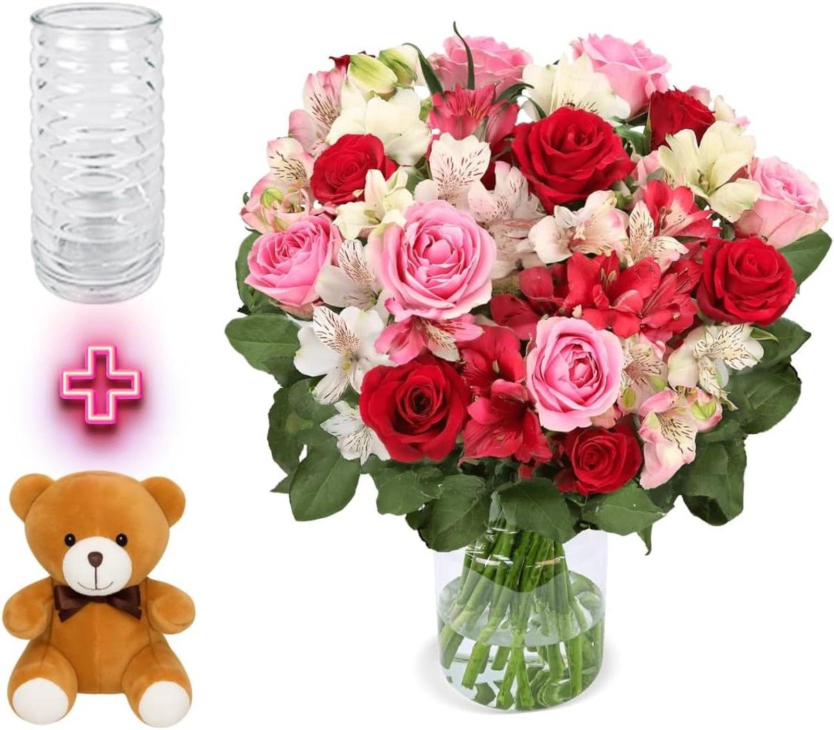 Boeket Rozenwonder XXL - Bloemenarrangement Cadeaubos - Romantische Cadeau - Handgebonden 30 Stelen - 40-50 cm - Rood Wit Roze