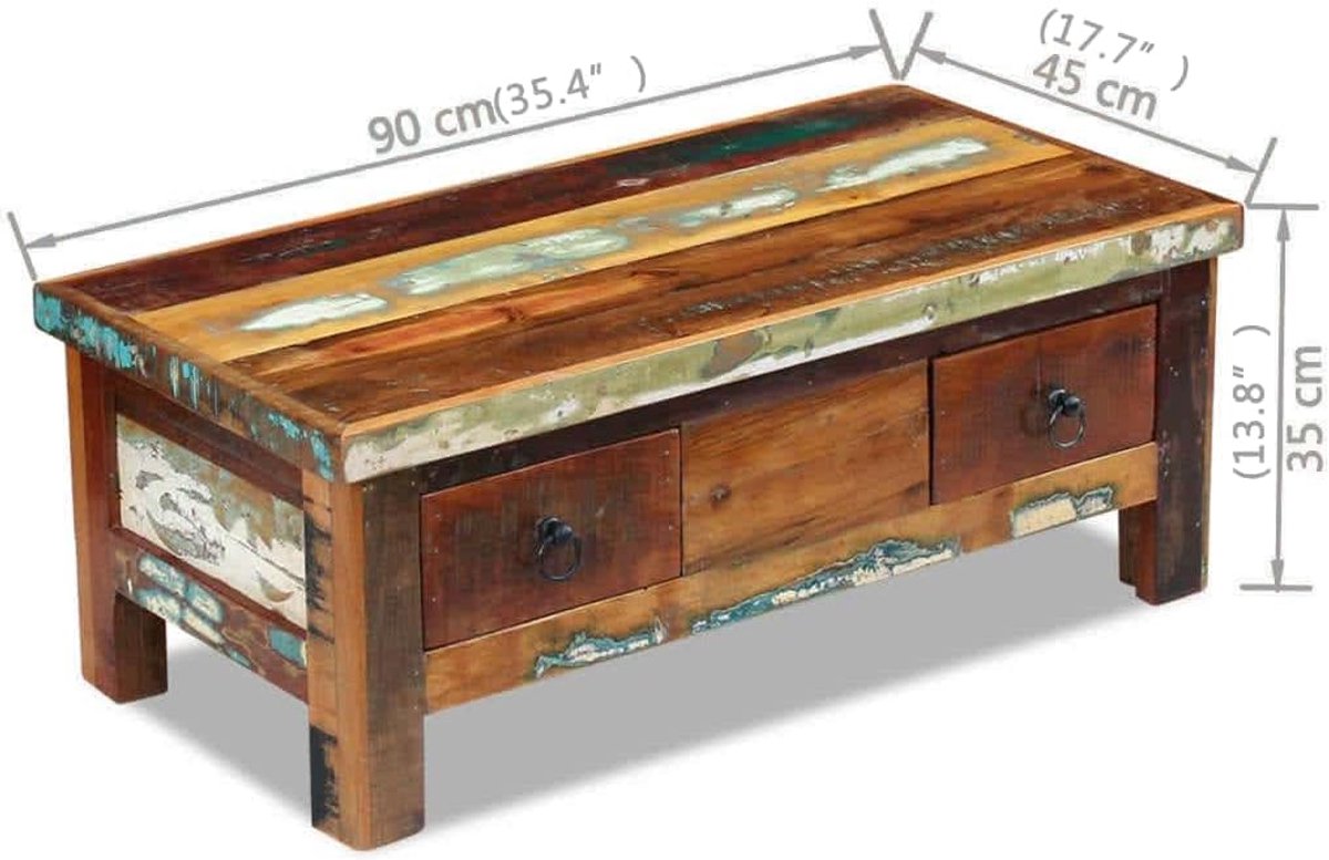Salontafel Laden - Bijzettafel Tafel - Opbergen Woonkamer - Gerecycled Massief Hout - 90x45x35cm - Veelkleurig thumbnail 3