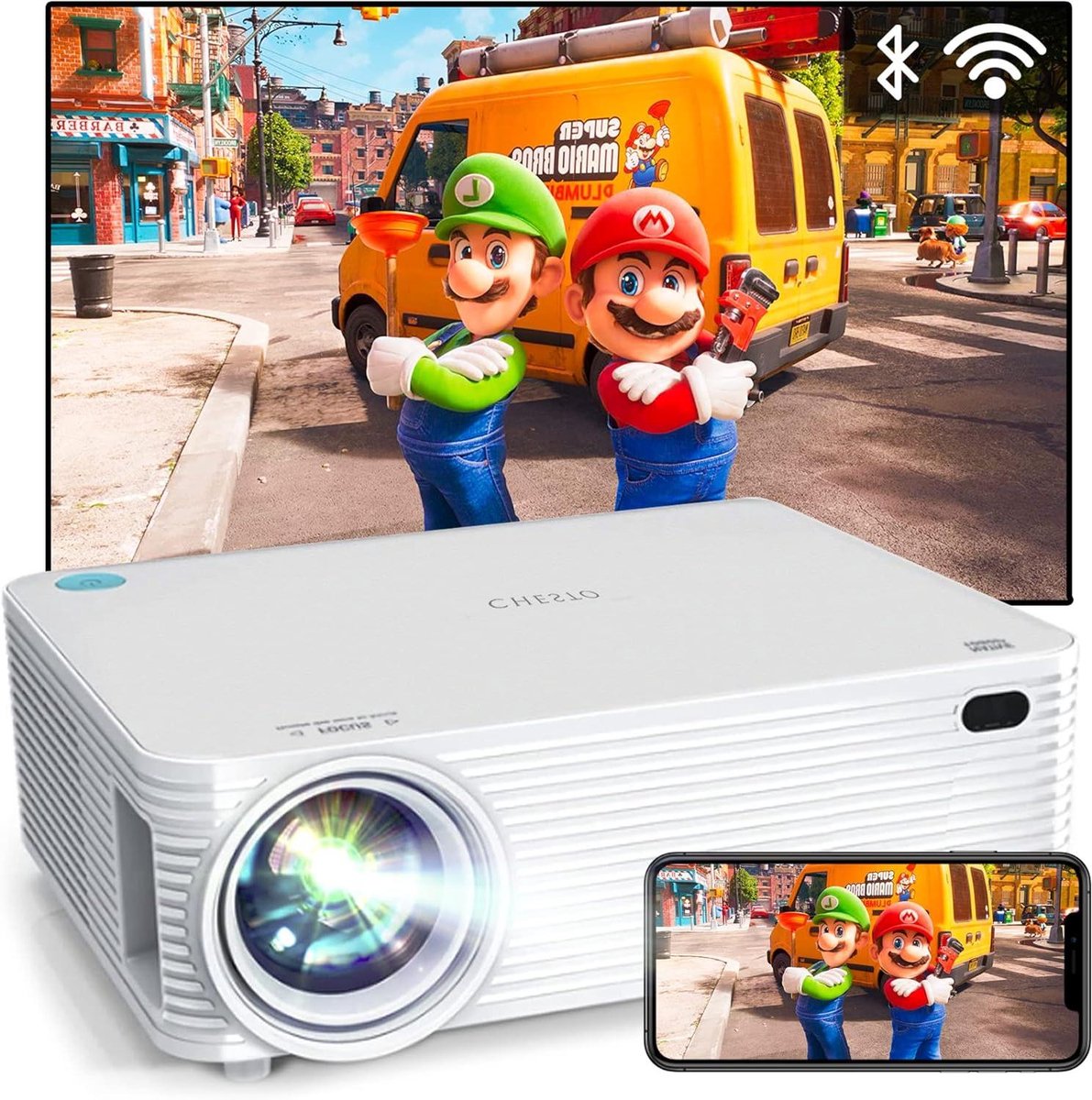 Chesto Beamer FULL HD 1080p (4K-Ondersteuning) - Thuisbioscoop - Wifi/Bluetooth Mini Projector - Game Beamer - 10.000 Lumen - Inclusief draagtas - Streamen vanaf je telefoon met wifi