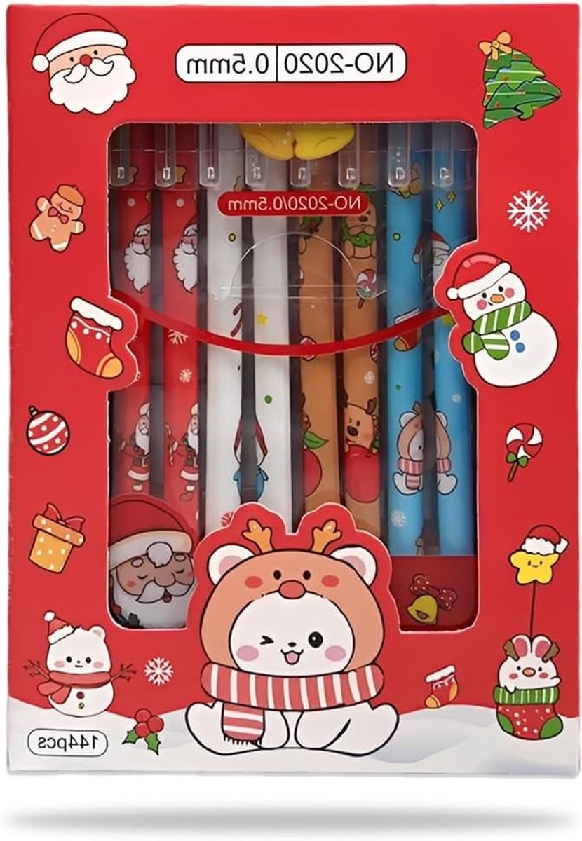 12 Stuks Zwarte Balpennen voor Kerstmis - Kerstpen Set met Sneeuwman, Perfect voor School en Cadeaus