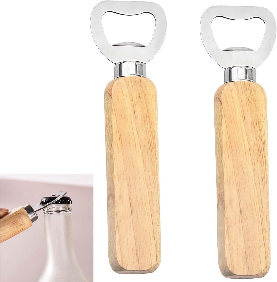 Houten Flessenopener met RVS, Ideaal voor Bier, Keuken en Bar, Persoonlijk Cadeau voor Feesten en Kamperen