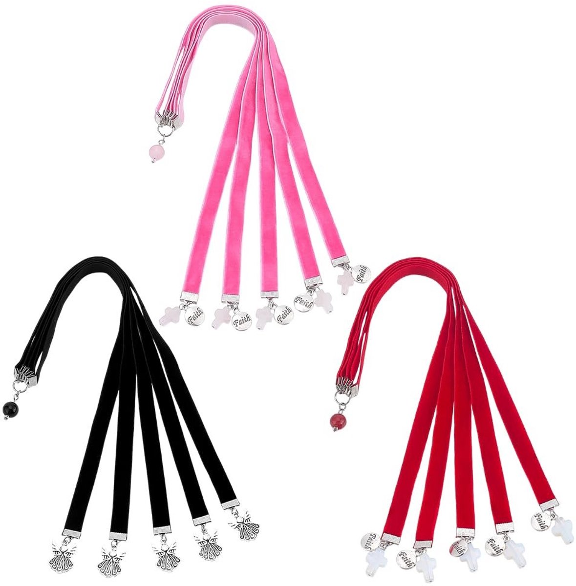 Allecto - Boekmark-Ribbons - Velvet Bookmark met Kruis en Engel - 3 Stuks - Rood, Roze, Zwart - Perfect voor Boekenliefhebbers - Creëer een unieke ...