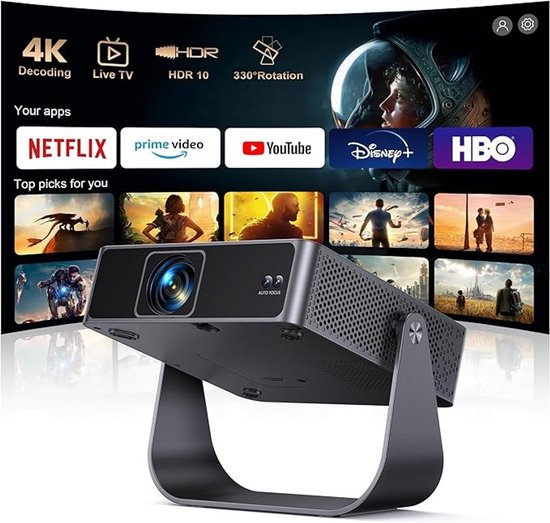 1080p Full HD draadloze mini beamer met autofocus, 360° draaibare voet, WiFi 6 en Bluetooth 5.2
