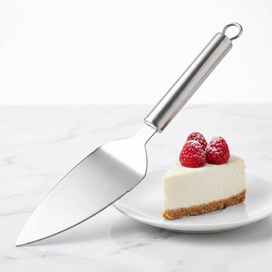 Zilverkleurige taartschep met kartelrand staat naast een stuk cheesecake met frambozen op een wit bord.