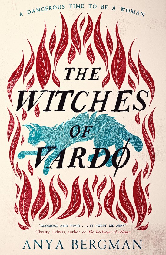 Boekomslag van 'The Witches of Vardo' met een blauwe kat en rode vlammen, met de tekst 'A DANGEROUS TIME TO BE A WOMAN'.