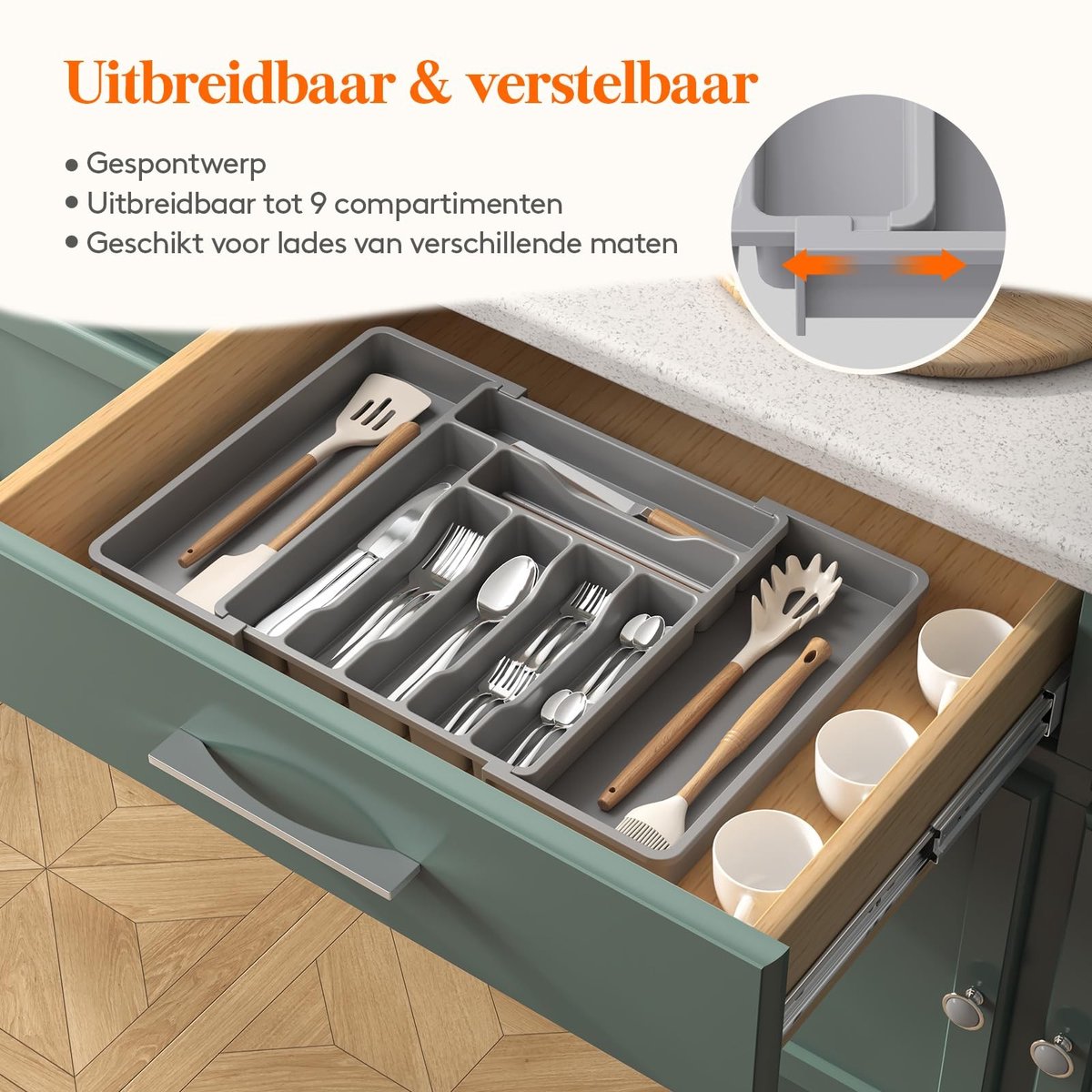 Allecto - Bestek Organizer - Uitschuifbare Besteklade - XL - Grijs - Bestekhouder - Ideaal voor Keuken - Voor Spoons Forks Knives