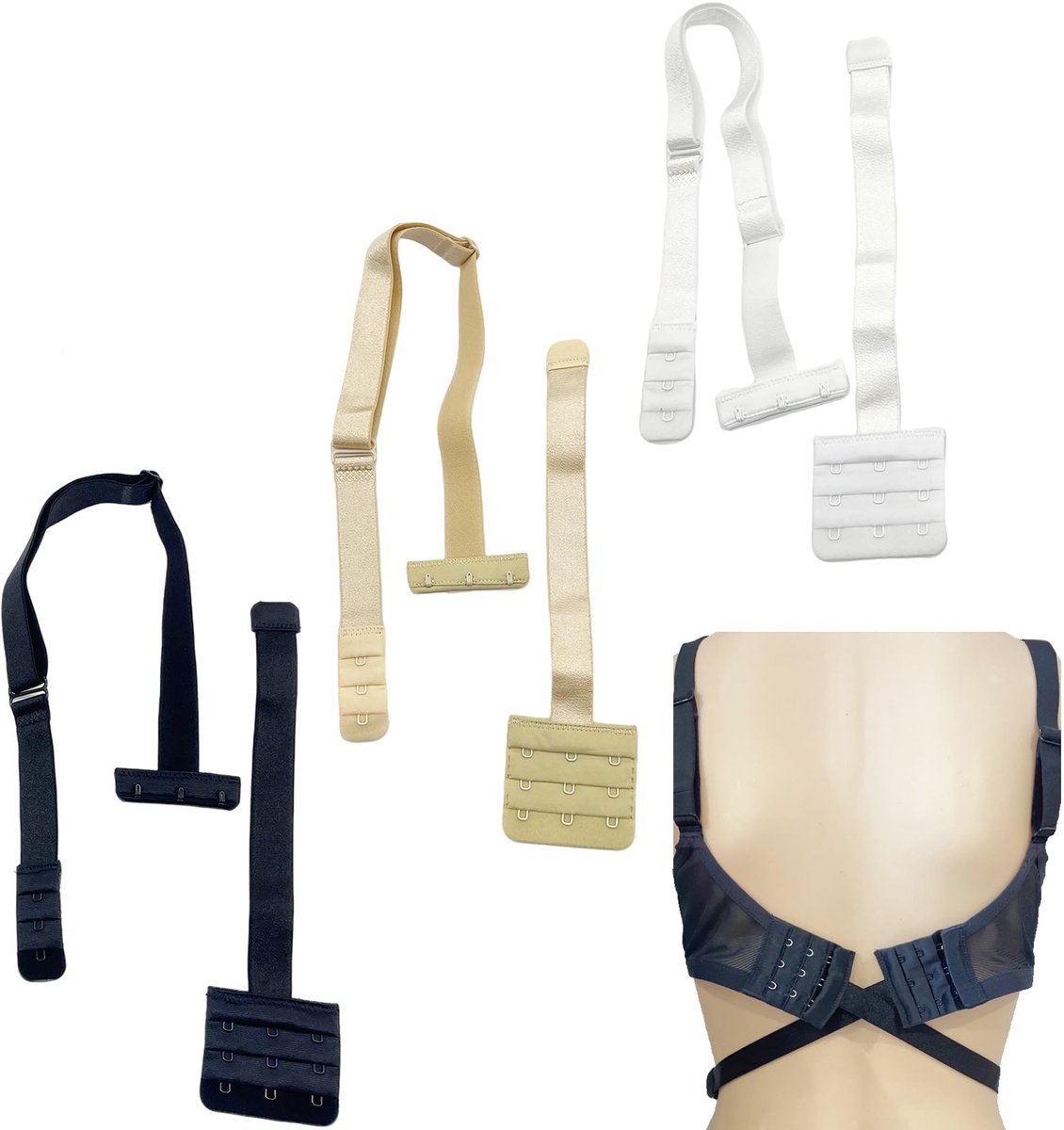 Allecto - Extension Bra Converter - Halter Low Back - 3 Stuks - Nylon - Ondersteuning voor Ondergoed - Zwart, Wit, Beige