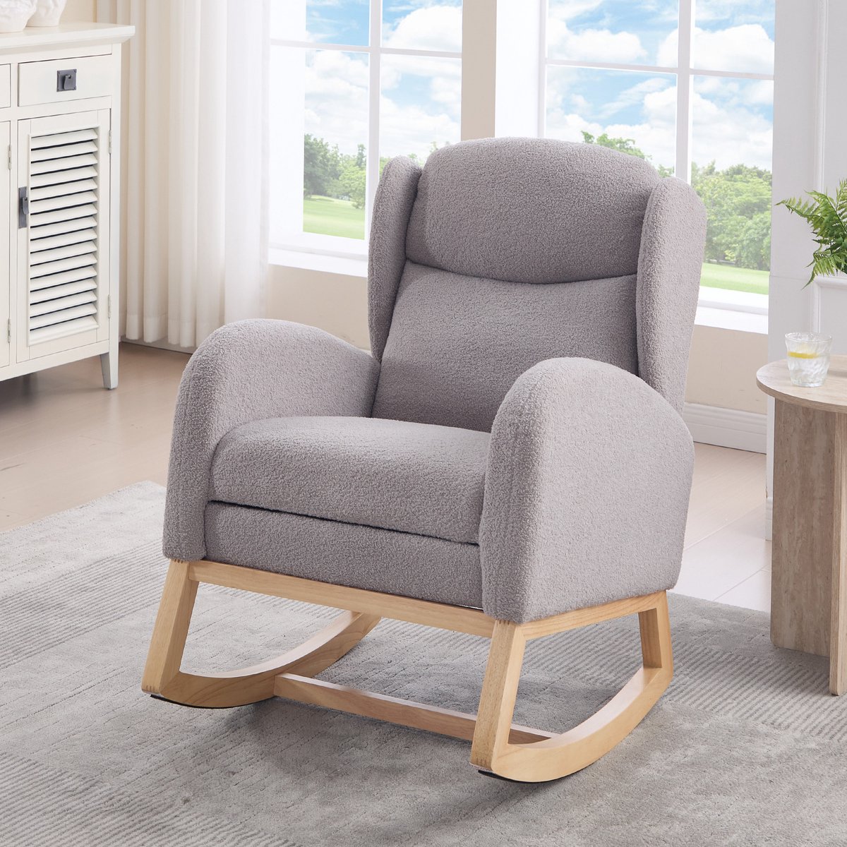 FloraGrace Schommelstoel – Ergonomisch Met Hoge Rugleuning En Voetsteun – Teddy – Modern – Grijs – Met Opbergvakken