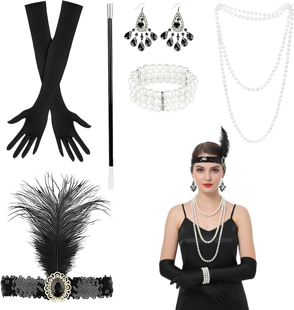 Elegante jaren '20 kostuumaccessoires set, 6-delig in zwart-wit, inclusief handschoenen, parelketting, veerhoofdband en oorbellen voor Gatsby themafeesten en flapper outfits