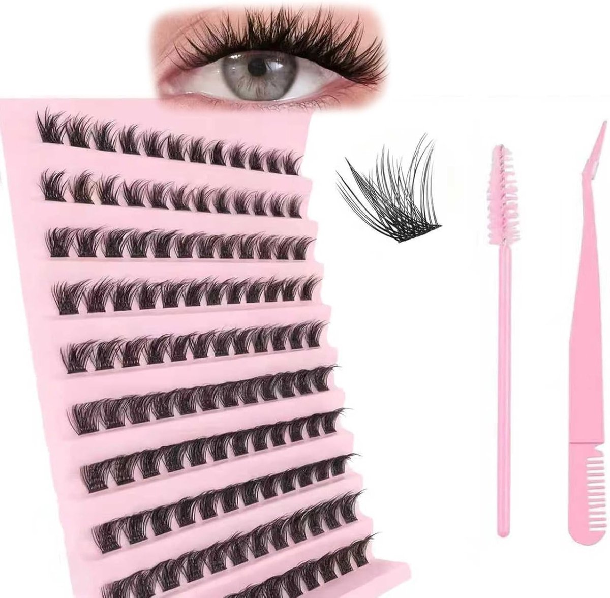 Natuurlijke 100D Cluster Wimpers Kit met Pincet en Mascara Wands - Curl 8-16MM DIY Wimperextensions voor een Zachte, Wispy en Natuurlijke Look