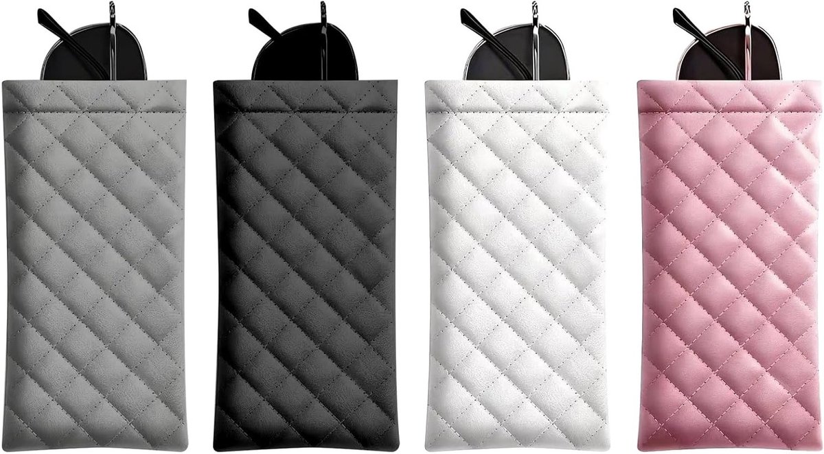 Set van 4 Slanke Leren Brilhoezen - Zachte Beschermende Brilhouders voor Dames en Heren, Ideaal voor Reizen, Compact en Stijlvol in Roze/Wit/Zwart/Grijs