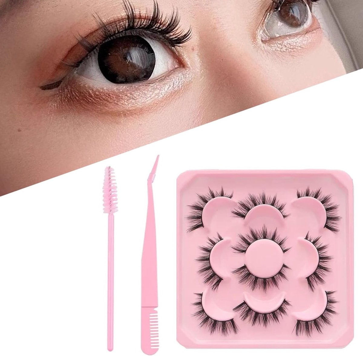 Natuurlijke Wimpers, Lange Dikke Faux Mink Wimpers voor Cosplay en Anime - Inclusief Wimperpincet en Roze Mascara Wand, 5 Paar