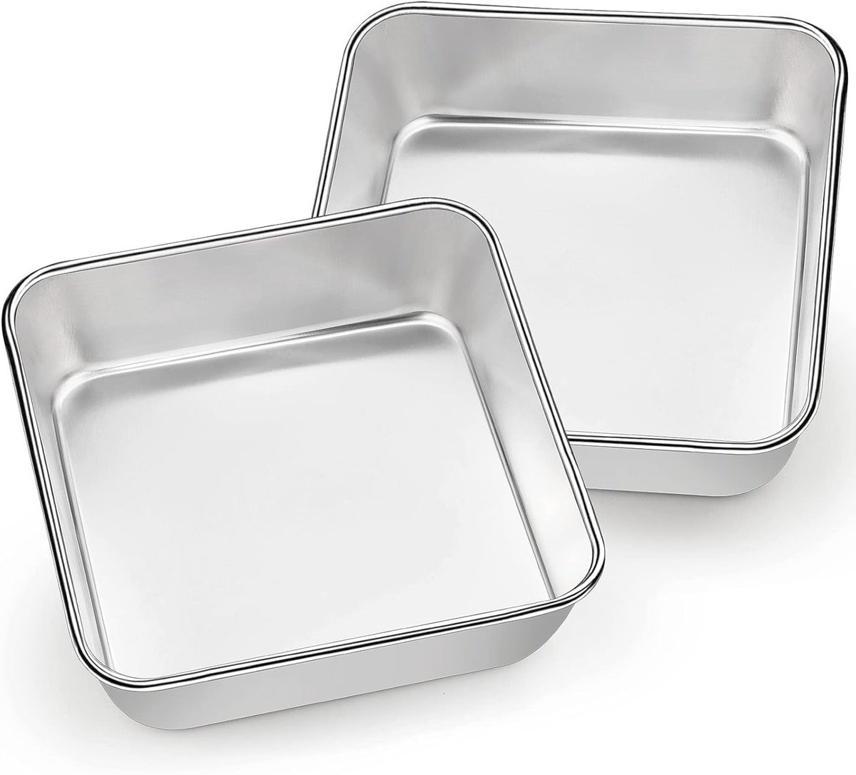 Set van 2 Vierkante Bakvormen van RVS voor Taarten, Brownies en Lasagne, 16 x 16 x 4.8 cm, Gezond en Vaatwasmachinebestendig