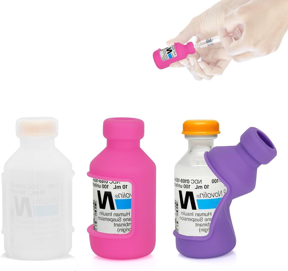 Set van 3 Siliconen Beschermhoezen voor Insulineflessen, Bescherming voor Diabeteszorg, Voorkomt Breken van Insuline Vials en Spuiten, Wit, Roze, Paars