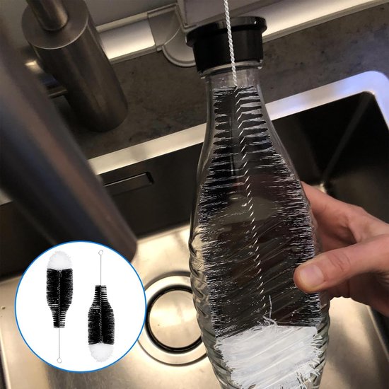 Set van 2 lange flessenborstels van 35 cm voor glazen en babyflessen, ideaal voor het schoonmaken van drinkflessen, karaf en smalle flessen met nylon haren. — afbeelding 3