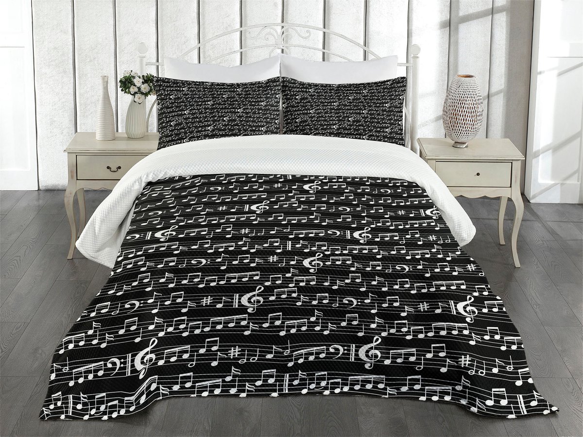 ABAKUHAUS Bedspreiset, Muzieknootprint, Gewatteerd 3-delig dekbed met 2 kussenslopen, voor tweepersoonsbedden 264 x 220 cm, zwart-wit