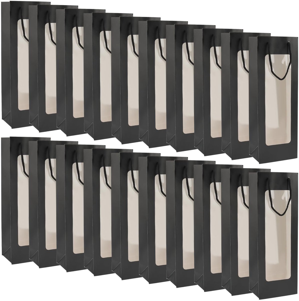 Seb1 - Wijn Cadeauzak - 20 Stuks - Kraft Papier - Zwart - Wijnfles Drager - Transparant Venster - Voor Feestdagen en Bruiloften