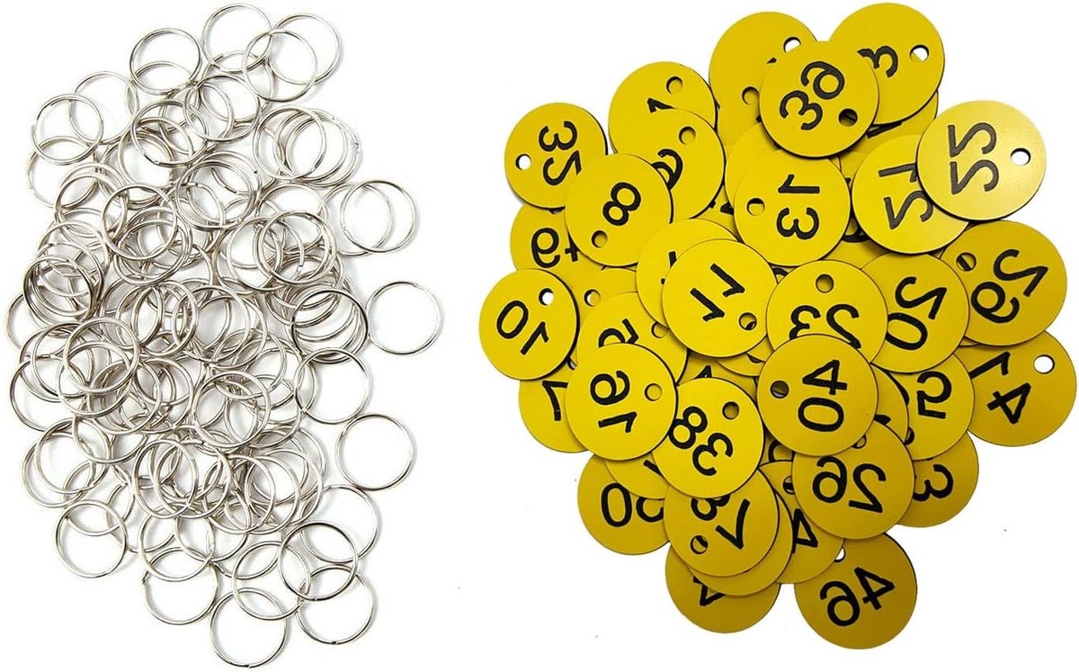 ID Nummer Labels voor Sleutelhangers - Gele Nummering 1-100, Duurzaam en Waterbestendig