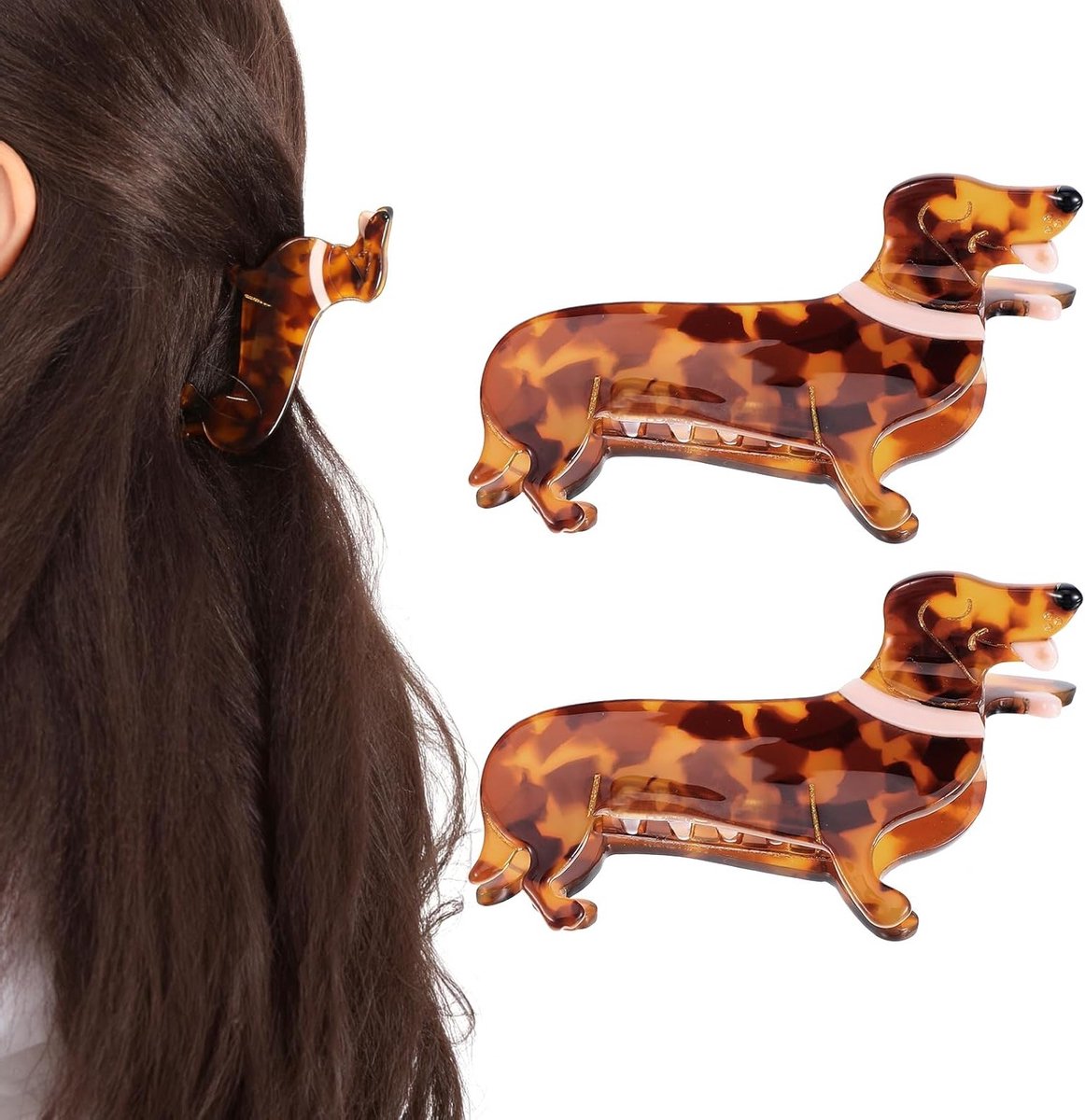 2 Stuks Teckel Haarspeld - Gepersonaliseerde Anti-Slip Acetaatclips voor Lang Haar, Schattig Dierenaccessoire voor Hondenliefhebbers (Bruin, 8 x 5 cm)