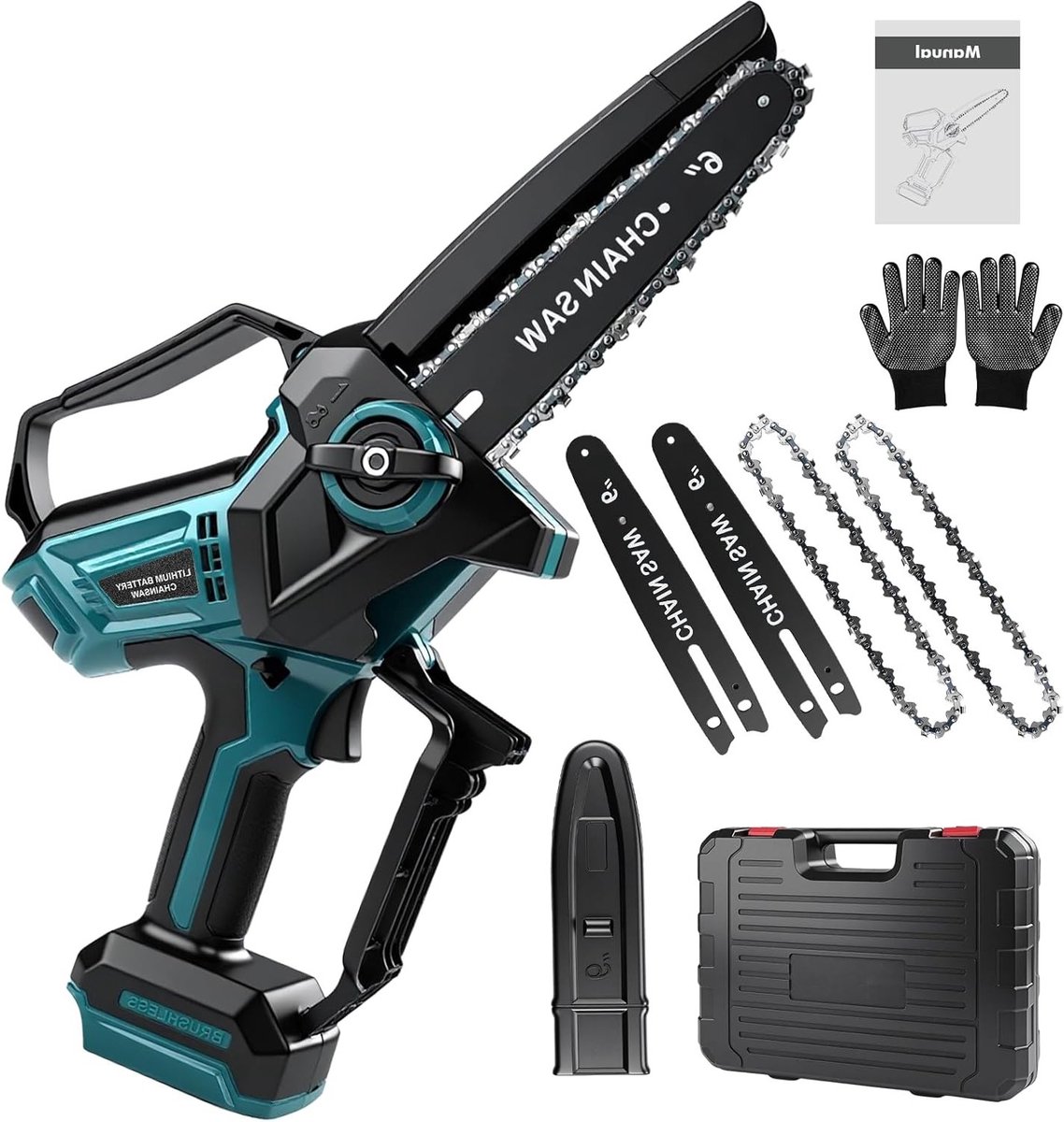 Krachtige 15 cm Draadloze Zaag met 18 V, Borstelloze Motor en Automatische Kettinglubricatie, Ideaal voor Hout en Takken, Compact en Handzaam