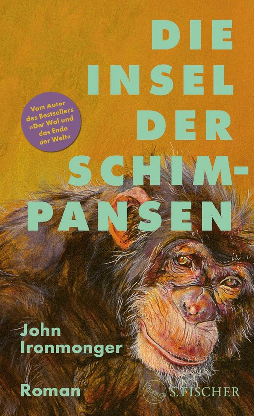 Boek 'Die Insel der Schimpansen' met een illustratie van een chimpansee en de tekst 'Vom Autor des Bestsellers "Der Wal und das Ende der Welt"'.