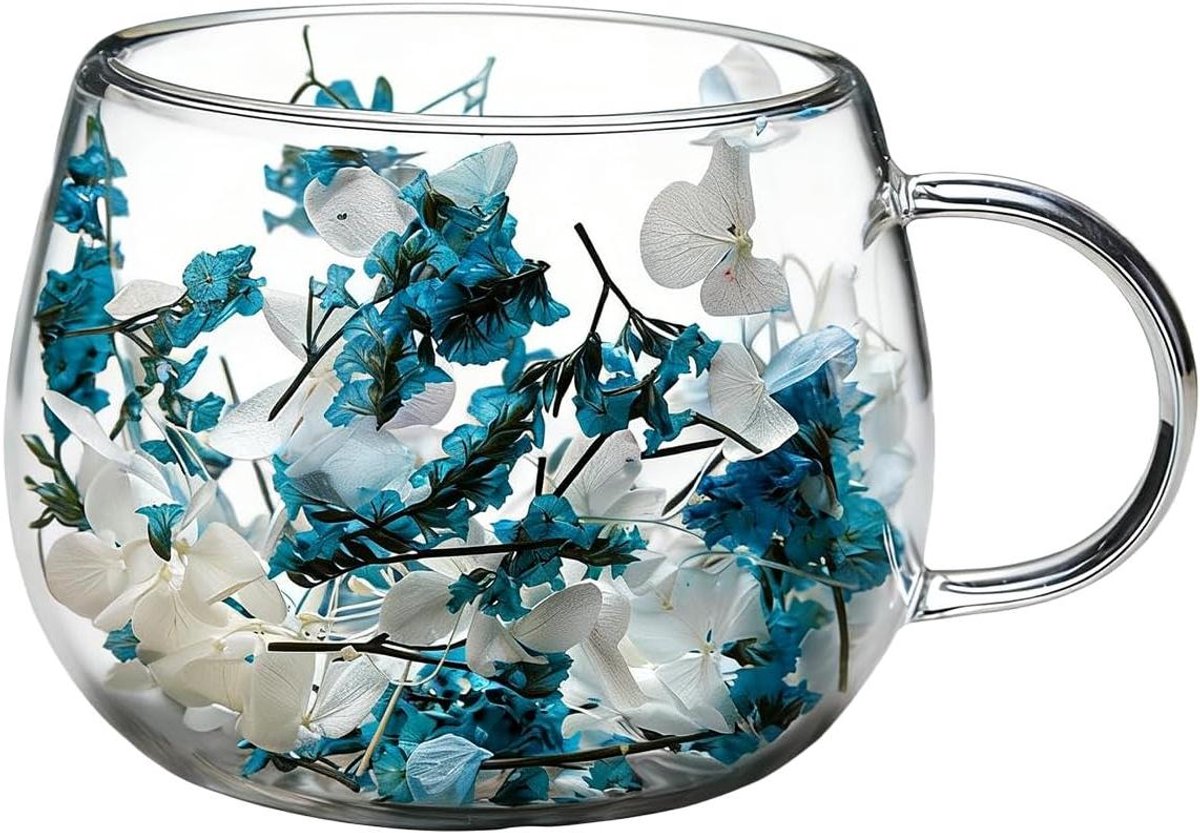 Dubbelwandige Beker - Bloemen Mok - Koude Dranken - Droogbloemen Decoratie - 300 ml - Blauw
