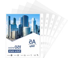 Agoer 150 stuks duurzame brochurehoezen A5 glashelder, 160my transparante hoezen A5 extra sterk, 7 gaten transparante folie met witte strepen voor brochures, ansichtkaarten, documenten
