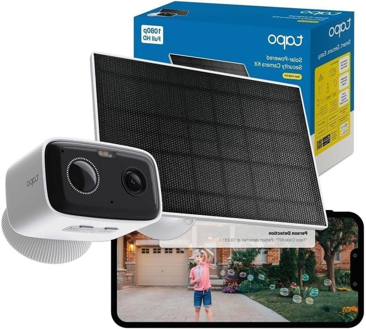Tapo C400 KIT Batterij Beveiligingscamera Buiten Draadloos, Zonne-beveiligingscamera, Kleur Night Outdoor Camera, AI-detectie, IP65, Geen Hub vereist, Alexa, Google Home, Flexibele opslag, Geen