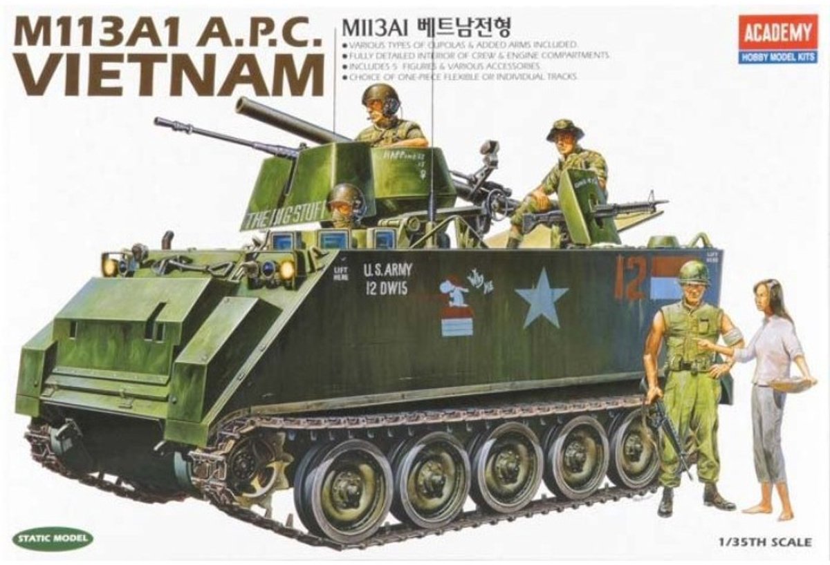 Academy Modelbouwpakket Militaire voertuigen - 13266 M113A1 - Vietnam War - Inclusief 5 Figuren - Amerikaans Pantservoertuig Plastic - 1:35 - Modelbouw