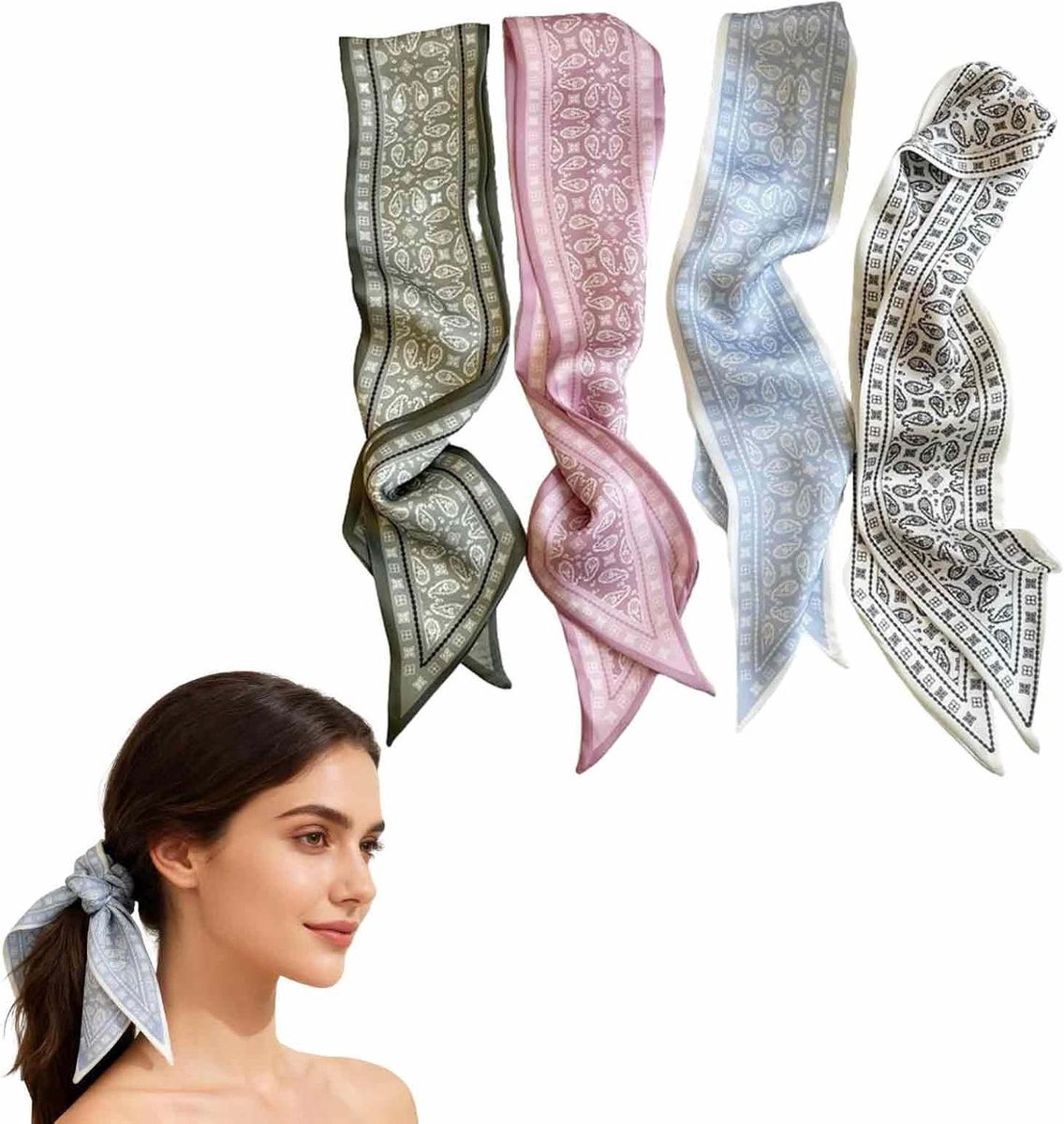 Hair scarf ladies 4 pieces – Boho style hair towels – Soft bandana scarves – Elegant for hair, neck or bag – Fashion accessories set for women
