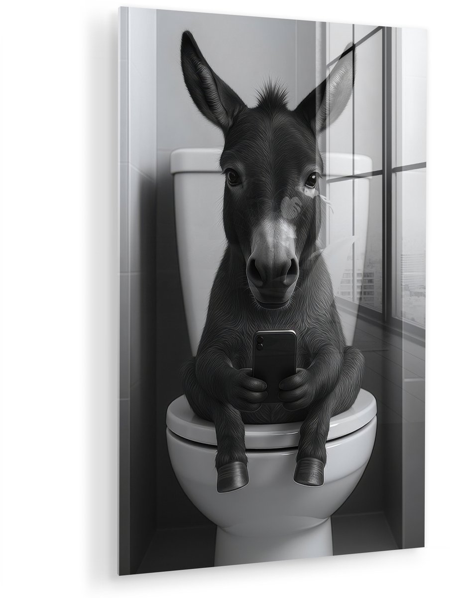 MuchoWow® Glasschilderij 120x180 cm - Schilderij acrylglas - Ezel - Telefoon - Toilet - Zw