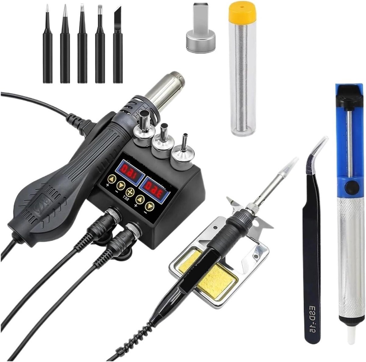 Soldeerstation - Heteluchtbout - Reparatie Elektronica - Dubbel LCD Display - 750 Watt - Zwart