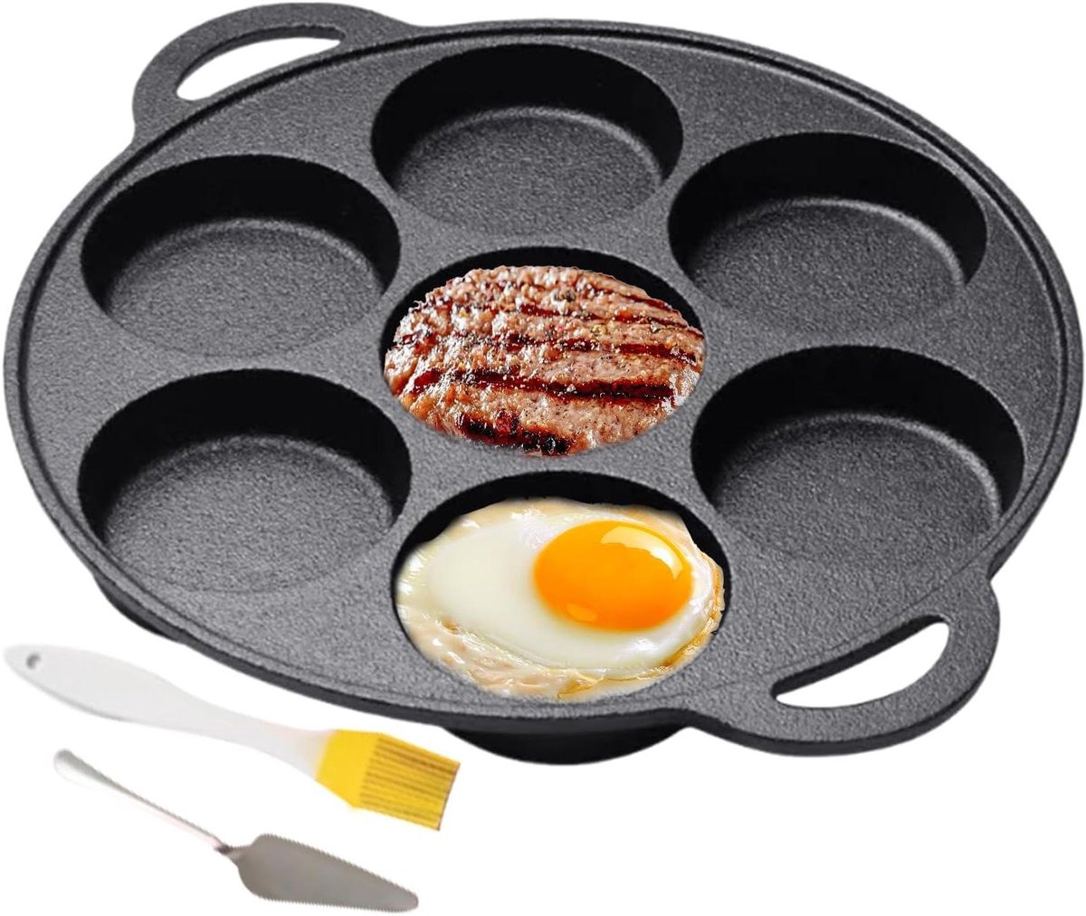 Gietijzeren Pannenkoekenpan - Bakplaat 7 Gaten - Ontbijt Maken - Antiaanbaklaag - 30.5 cm - Zwart