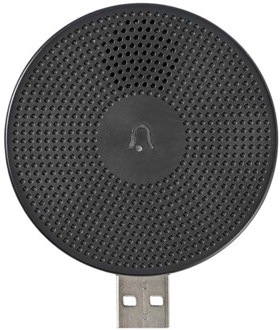 Zwarte ronde Nedis deurbelgong met USB-connector en bel-icoon.