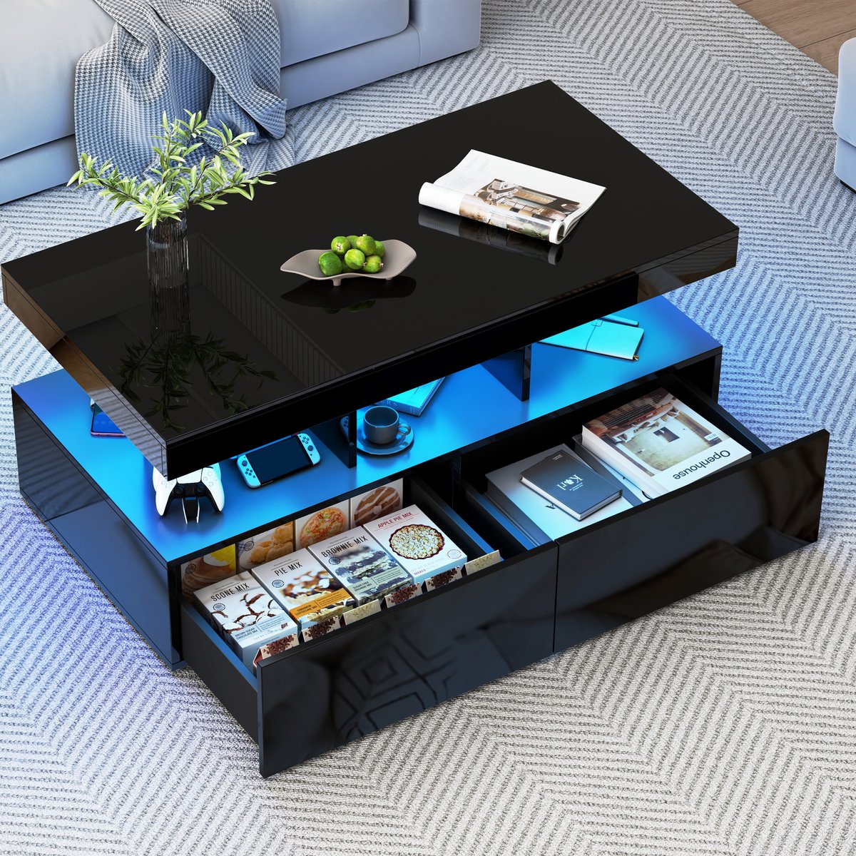 Hoogglans salontafel met RGB LED-verlichting, Moderne Koffietafel met Opbergruimte, Geschikt voor Woonkamer en Slaapkamers, 104x53x46 cm, Zwarte