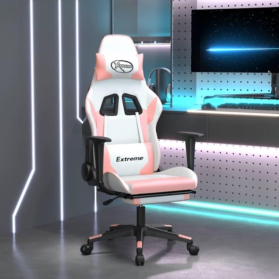 Gamingstoel met massage - Comfortabele stoel - Ontspannen zitten - Ingebouwde voetensteun - Max 110 kg - Roze en wit — afbeelding 2