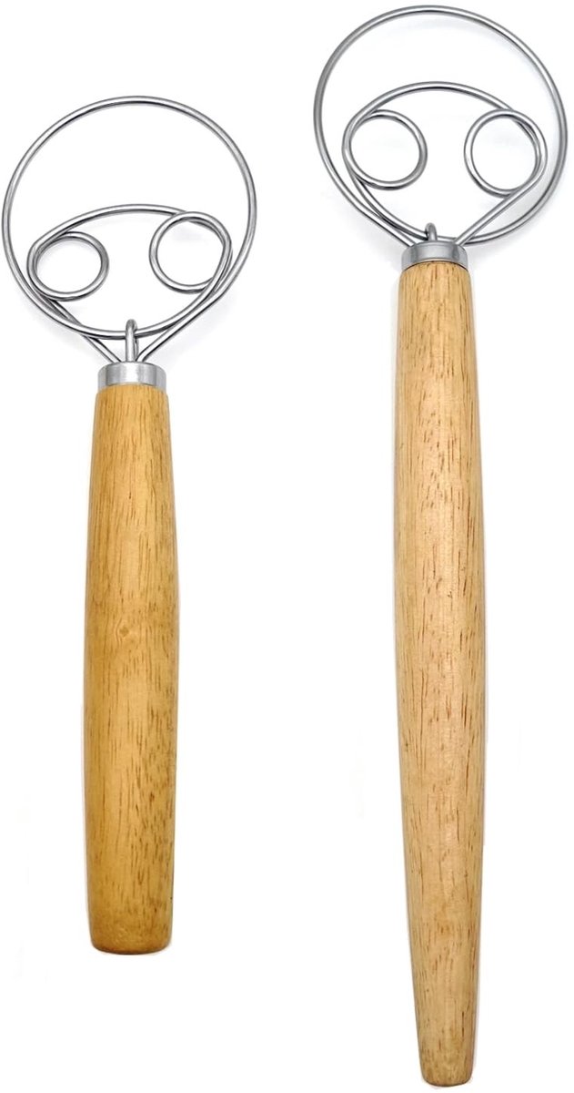 Dailygoods- Deegklopper 33 cm - Deense Deegklopper - Houten Handgreep - Handgereedschap voor Bakken - Efficiënt Mengen - Dubbel-Oog Ontwerp - Deegmenger