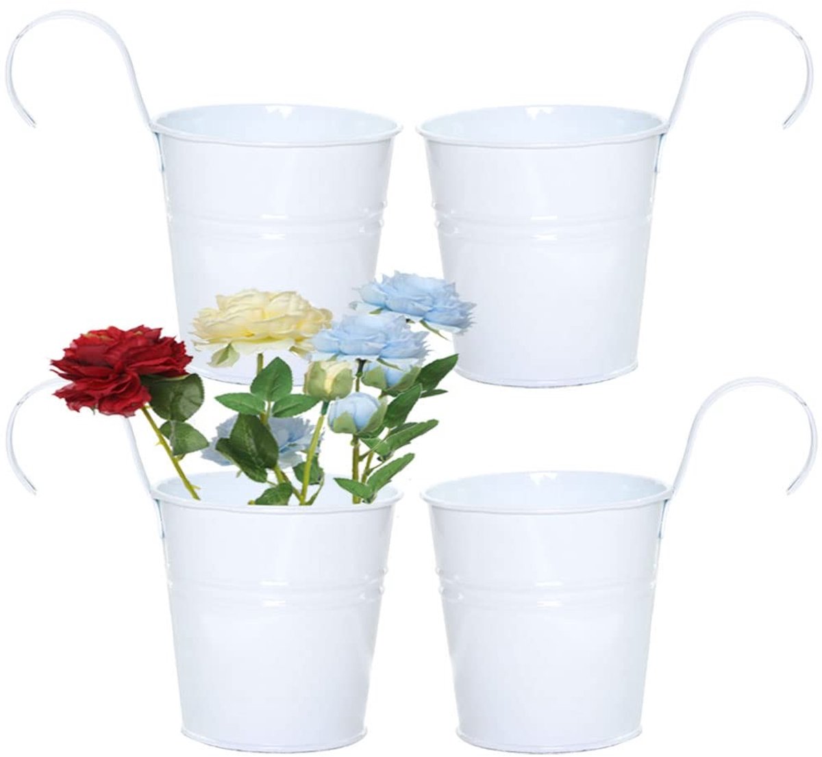 Dailygoods- Bloempot Robuust en Duurzaam - 4 Stuks - Met Haken - Metalen Bloemenemmer - Afneembare Haak - Met Drainagegat - Plantenbak