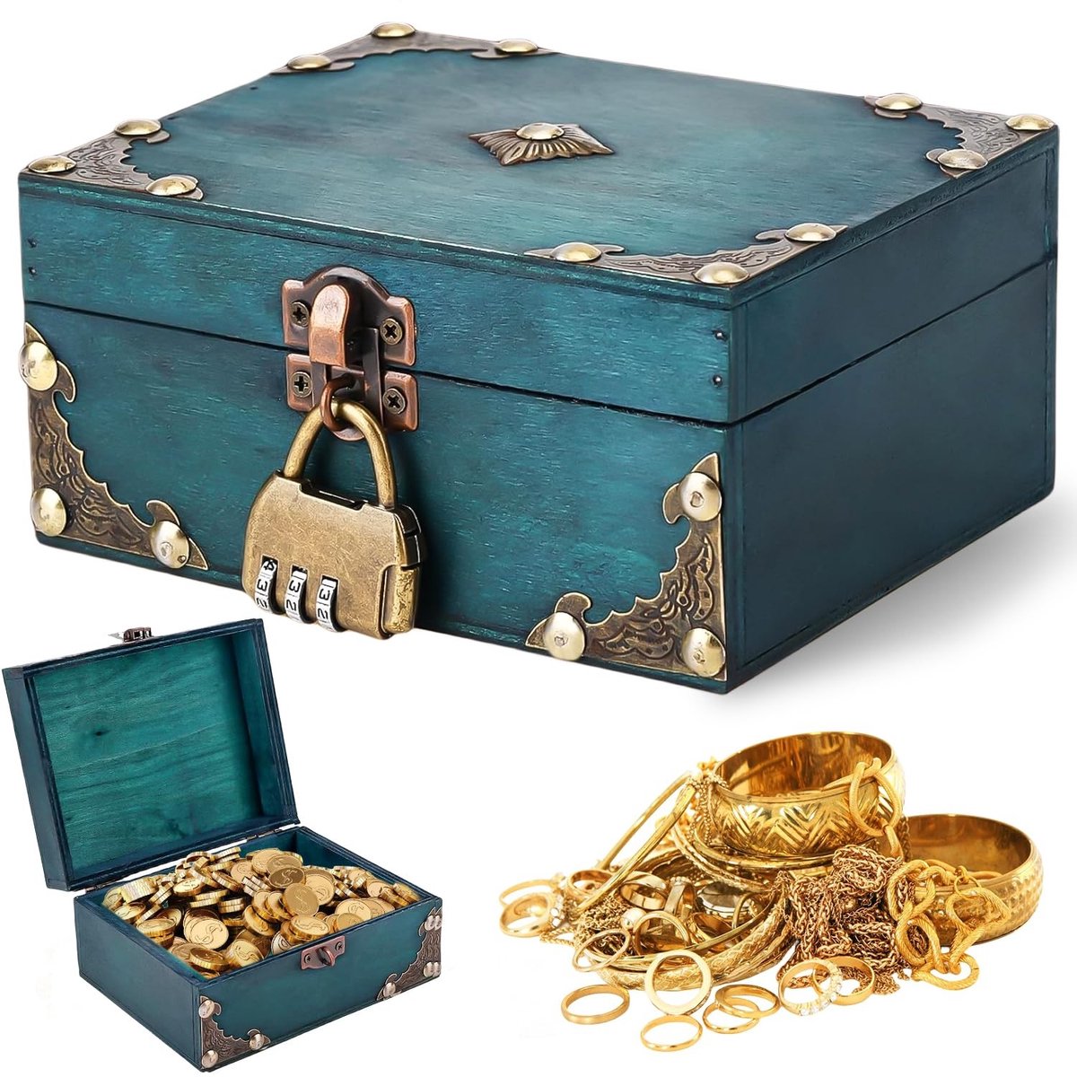 Dailygoods- Schatkist met Cijferslot - Vintage Houten Kist - Piratenkist - Decoratie - Bewaren - 15 x 12 x 7,2 cm, Groen - Opbergkist