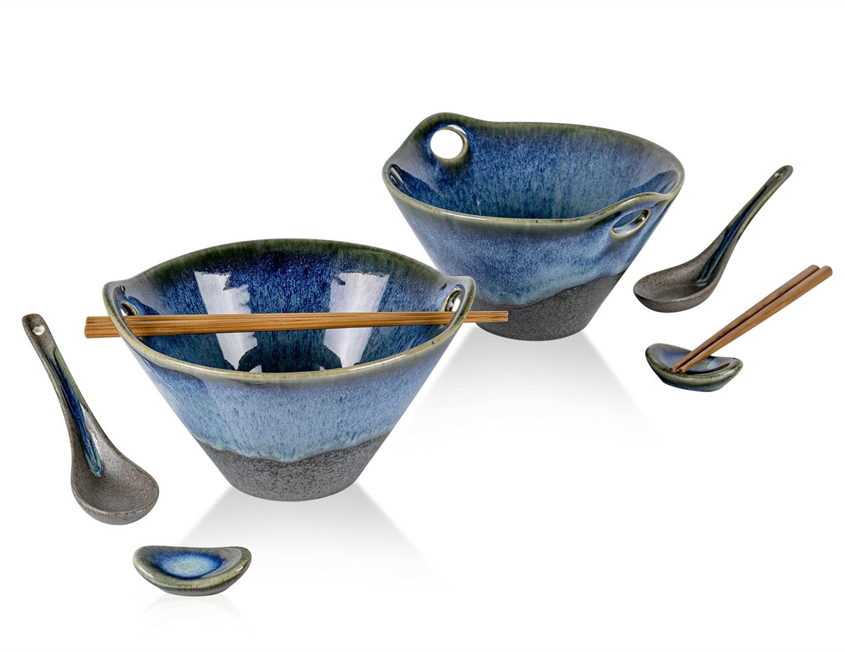 Dailygoods- Ramenkom 600 ml - Soepkommen Set van 2 - Eetstokjes/lepels - Vaatwasserbestendig - Reactief Glazuur - Japanse Stijl - Soepkom