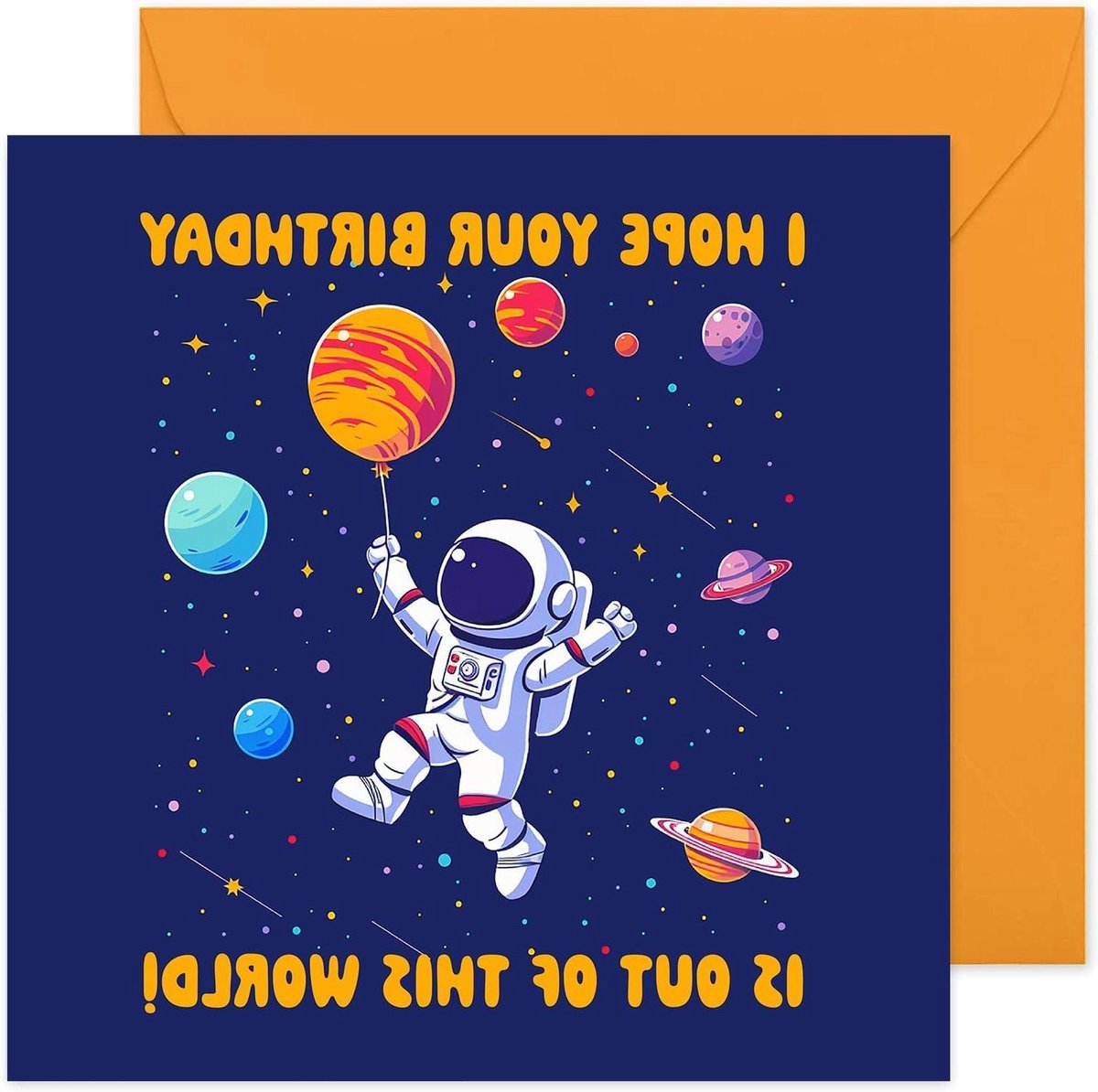 Verjaardagskaart Ruimte - Wenskaart Kind - Feestelijke Groeten - Uniek Ruimte Thema - 15x15 cm - Rood Oranje