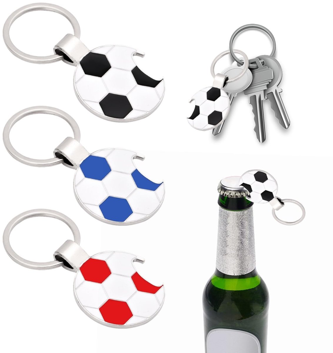 Dailygoods- Voetbalsleutelhanger - 3 stuks - Flessenopener/sleutelring - Zinklegering - 7,4 x 3,8 cm - Rood/zwart/blauw