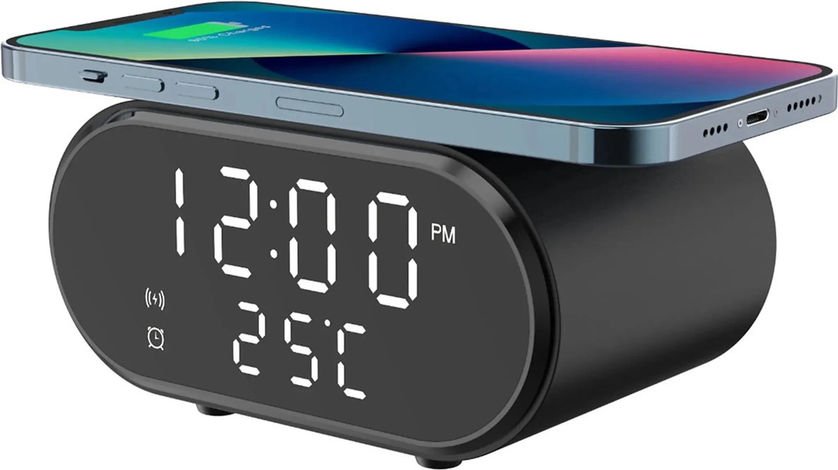 2-in-1 draadloze wekker met oplaadfunctie, digitale wekker voor naast het bed, snel draadloos opladen, met led-display en USB-C-stroomkabel, geschikt voor slaapkamers, kantoren en studentenkamers - Zwart