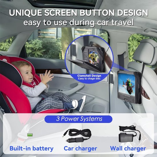 YOOHOO12.5"Bluetooth draagbare dvd-speler met 10,5" draaibaar scherm Auto voor kinderen, ondersteunt oplaadbare batterij, gratis voor alle regio's, direct afspelen van alle formaten MKV/MP4/WAV/MP3/CD — afbeelding 2